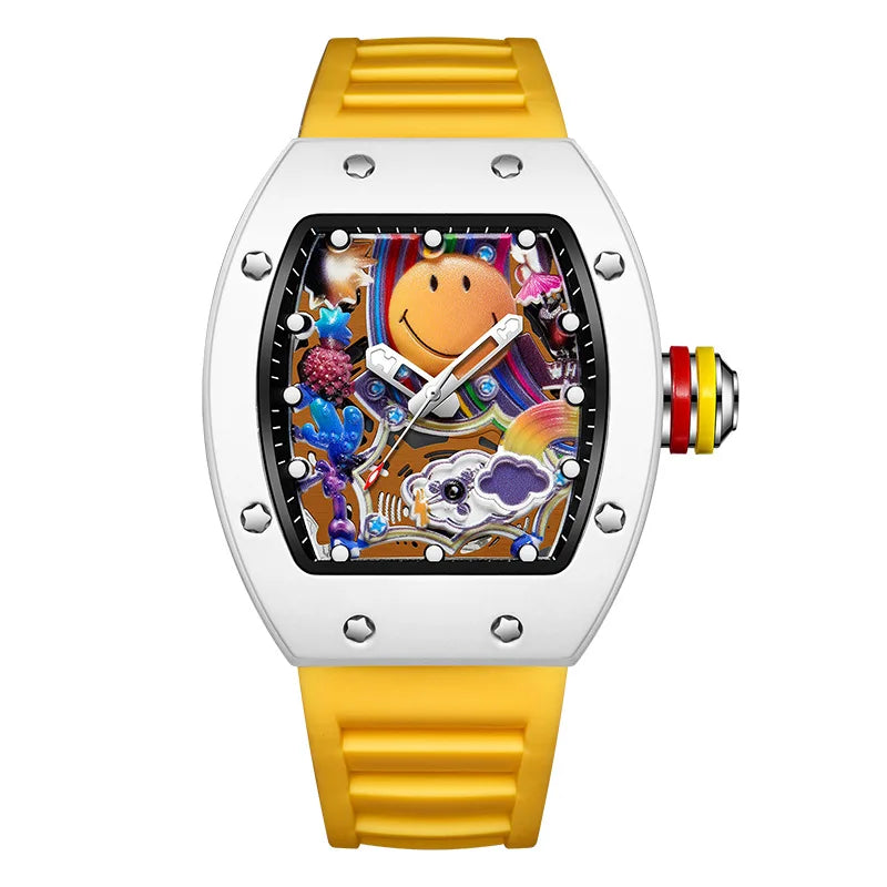 Luxury Smiling Face Barrel-Shaped Men's Quartz Watch Mineral-Strengthened Glass Silicone Band Luminous Dial 30M Water Resistant