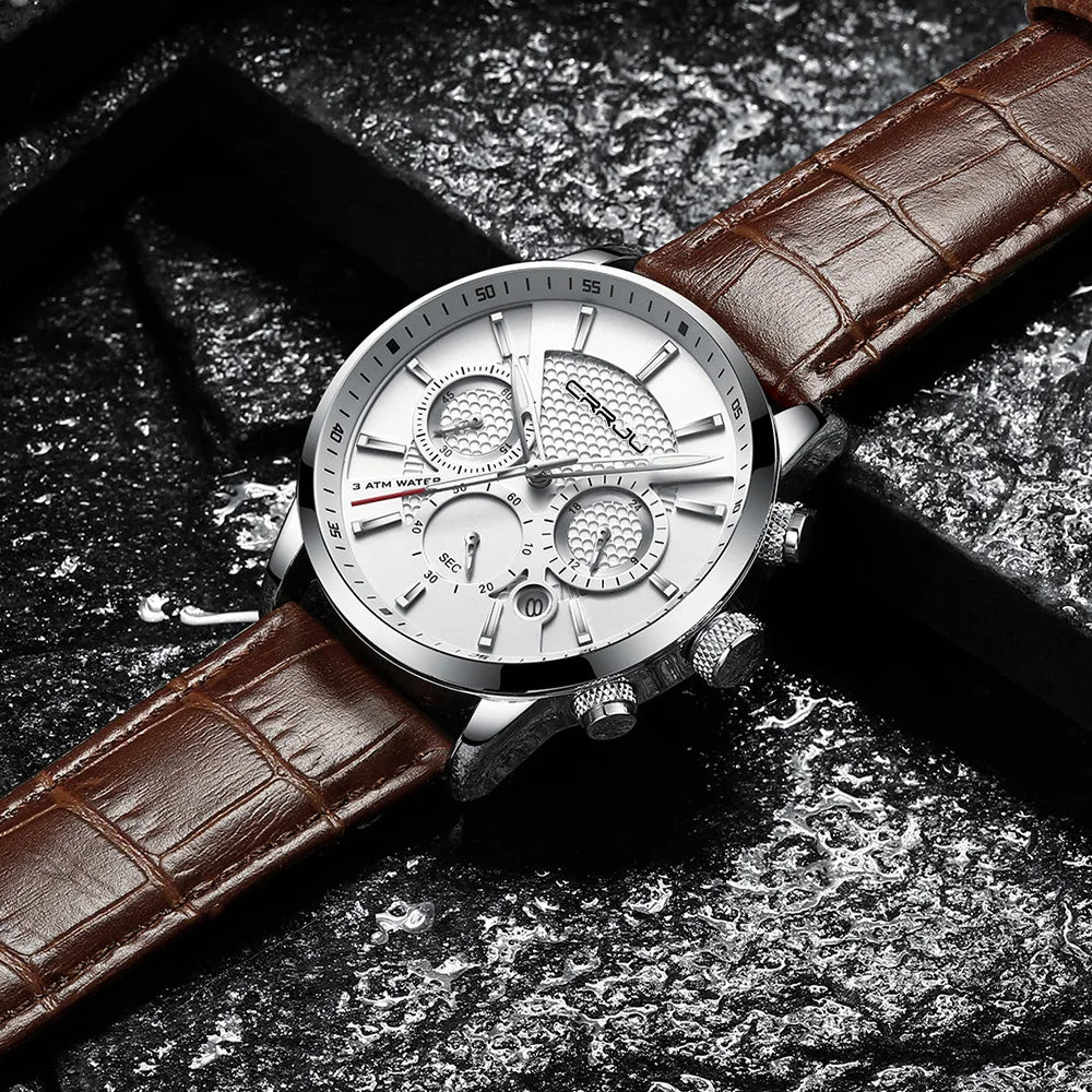 Leather Strap Quartz Alloy Case Pearl Movement Analog Dial Six-Hand Chronograph 30M Water Resistant Stylish Leisure Men's Watch
