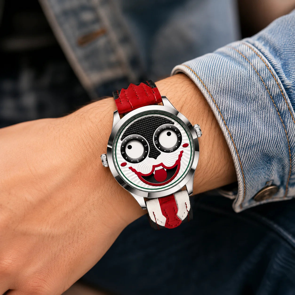 Cross-border Mens Clown-style Cartoon Fashionable Waterproof Alloy Leather Strap Quartz Movement Pointer 30M Water-resistant