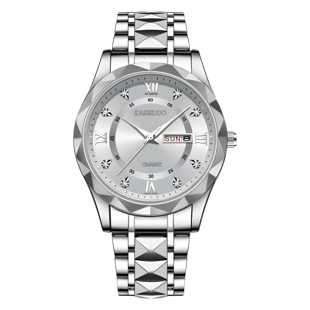 Mens Watch English Calendar Diamond-pattern case Luminous Hands Stainless Steel 30M Water-resistant Minimalist Quartz Pointer