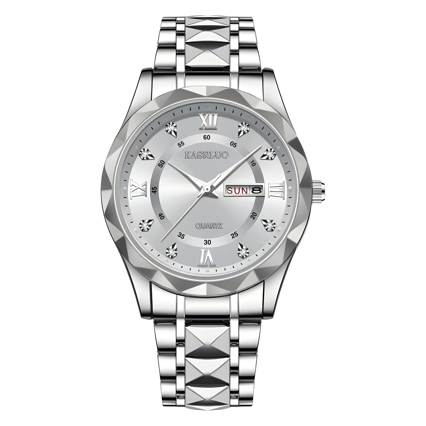 Mens Watch English Calendar Diamond-pattern case Luminous Hands Stainless Steel 30M Water-resistant Minimalist Quartz Pointer