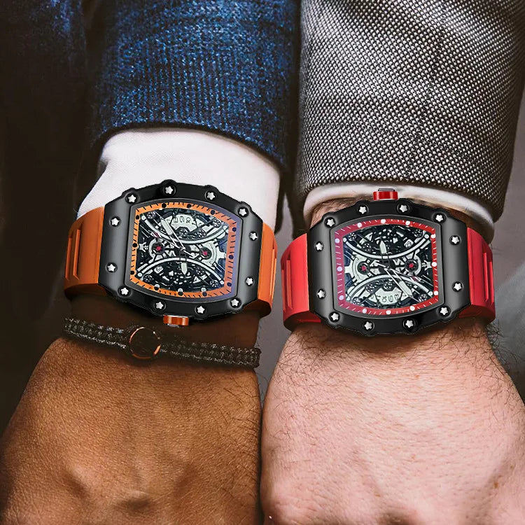 Casual Fashionable Trendy Fully Automatic Quartz Silicone Band Pointer Dial Luminous 43mm Alloy Barrel-shaped Mens Watch