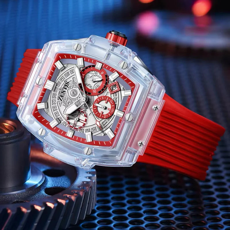 Transparent Case Square Luminous Quartz Movement Pointer Dial Men's Fashion Watch Alloy Case Plastic Band