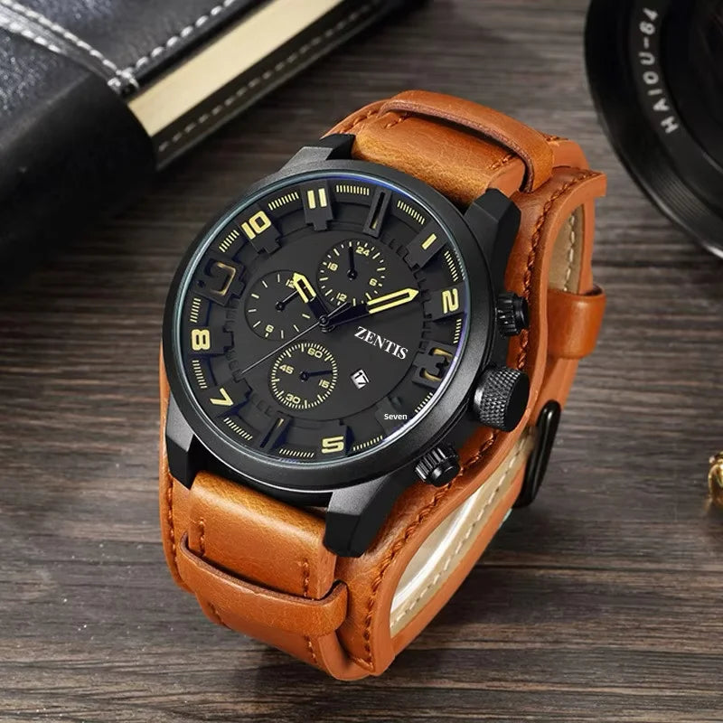 Men's Sport Quartz Watch Stainless Steel Case Leather Strap Mineral-reinforced Glass Pointer Dial Faux Six-Pin Calendar 30M