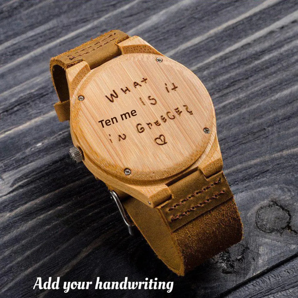 Quartz Mens Watch Custom-pattern Genuine Leather Strap Leisure Bamboo Accents 45mm Pointer Japan MIYOTA Movement Waterproof