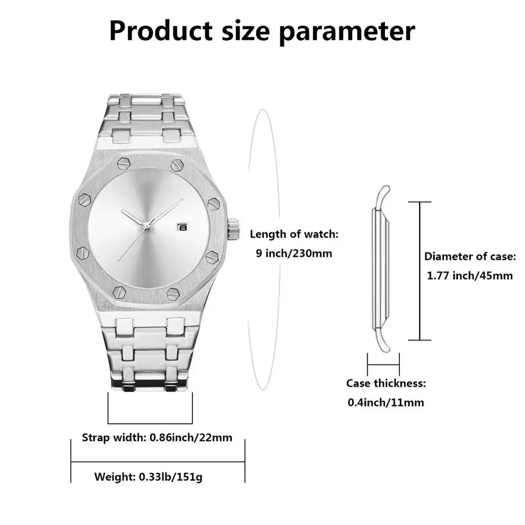 Men's Watch Business Style Quartz Movement Waterproof 30M Alloy Band Octagonal Case 45mm Pointer Tide Black Cool Personality