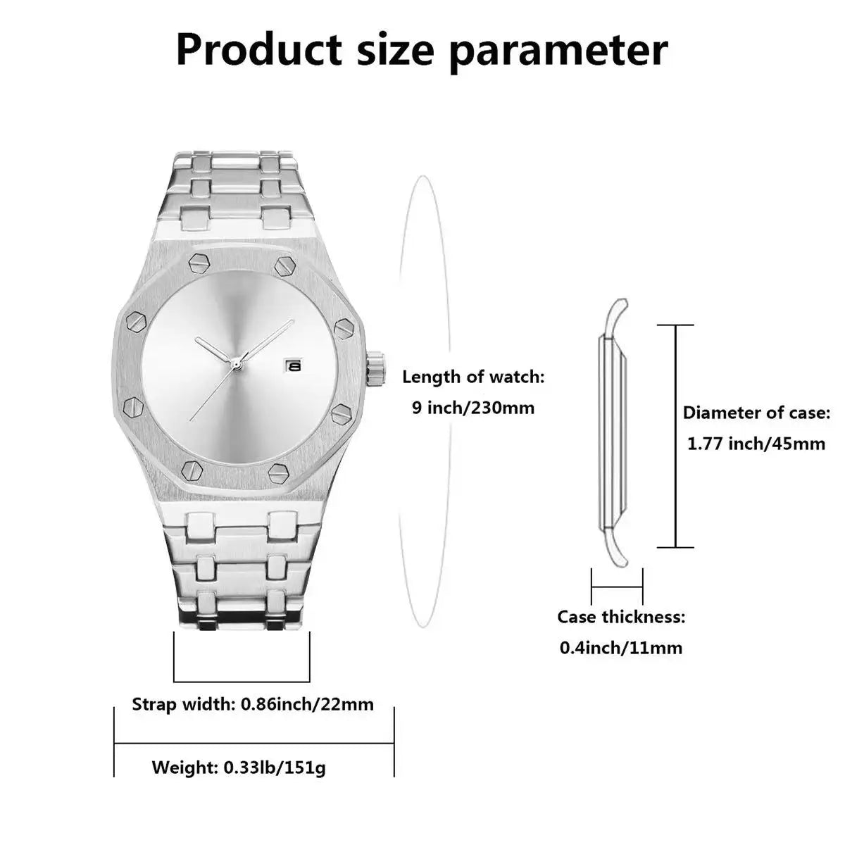 Men's Watch Business Style Quartz Movement Waterproof 30M Alloy Band Octagonal Case 45mm Pointer Tide Black Cool Personality
