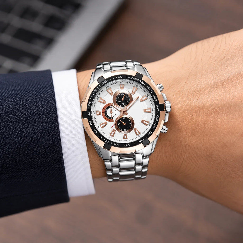 Fashionable Large-Dial Casual Business Watch Mens Quartz 30M Water Resistant Alloy 45mm 10mm Pointer Plain Glass Mirror Surface