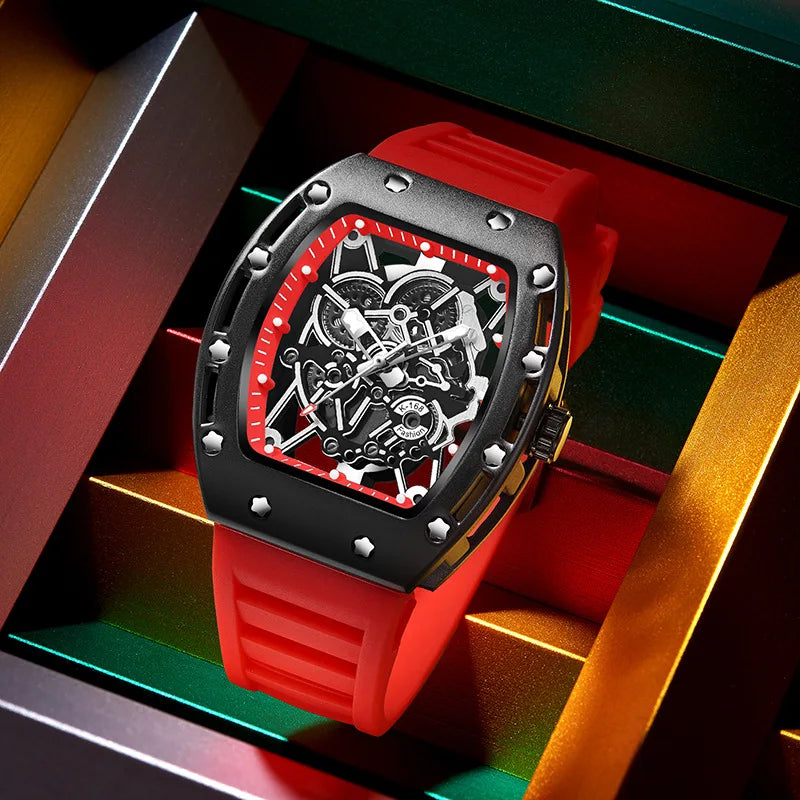 43mm Luxury Fashion Luminous Waterproof Alloy Case Silicone Band Pointer Dial Hollow-Out Quartz Barrel-Shaped Men's Watch