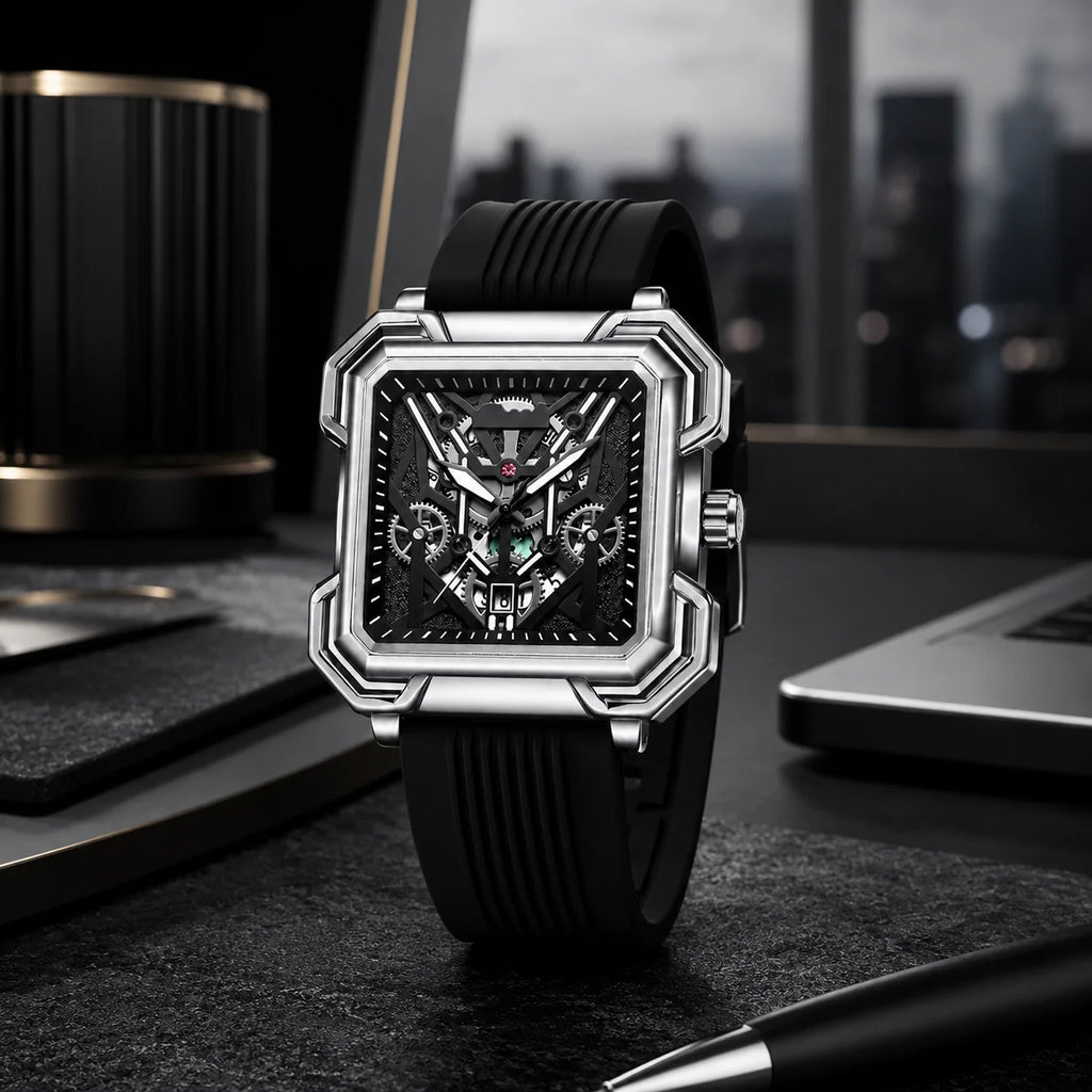 Outdoor Sports Fashion Quartz Luminous Waterproof Alloy Case Silicone Band 42mm Mens Watch Square Hollow-Out Design Cross-Border
