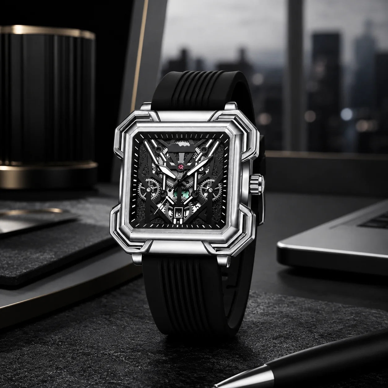 Outdoor Sports Fashion Quartz Luminous Waterproof Alloy Case Silicone Band 42mm Mens Watch Square Hollow-Out Design Cross-Border