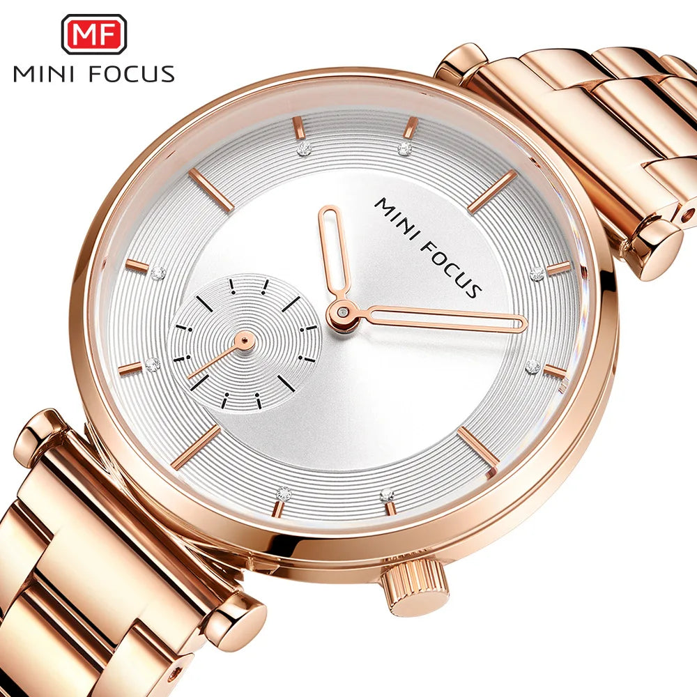 Minimalist Fashion Women's Quartz Watch Alloy Case Stainless Steel Band 30M Water Resistant Diamond-Encrusted 16mm Pointer Dial