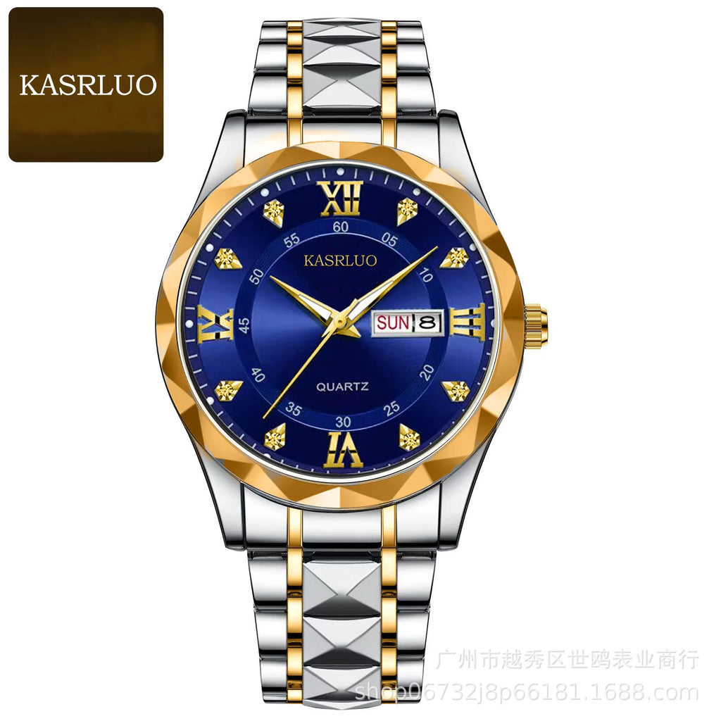 Mens Watch English Calendar Diamond-pattern case Luminous Hands Stainless Steel 30M Water-resistant Minimalist Quartz Pointer