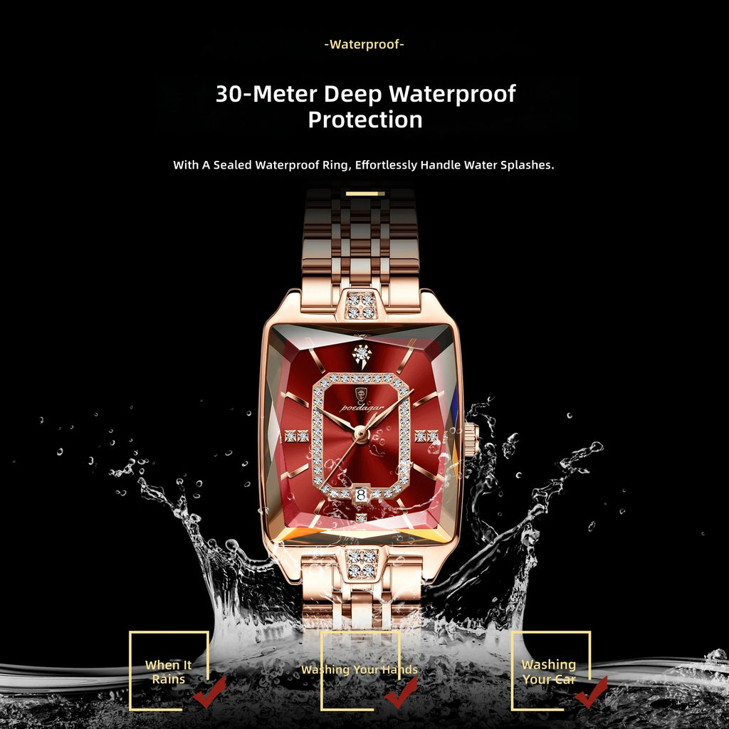 Brand Square Ladies Watch Stainless Steel Band Alloy Waterproof Quartz Movement 30M Water Resistant Luxury Fashion Pointer