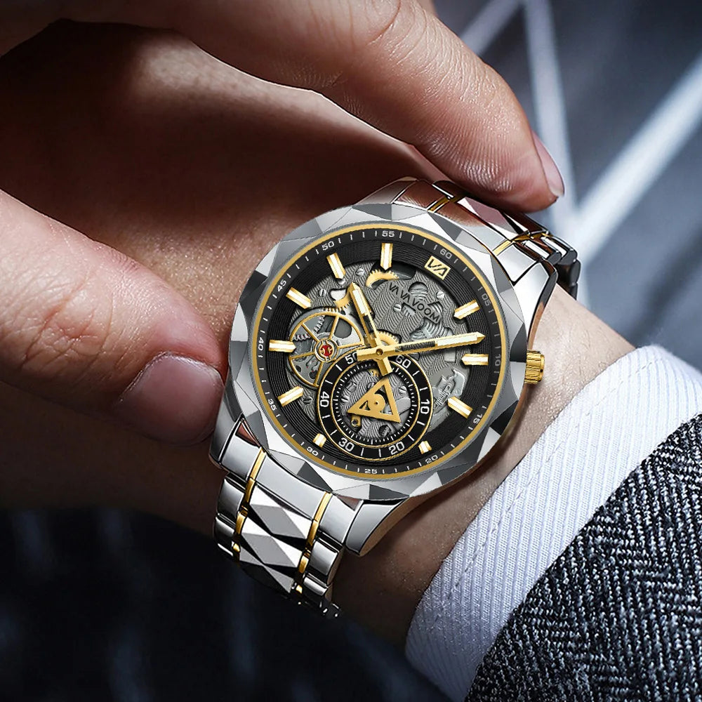 Men's Business Quartz Hollow Alloy Case Stainless Steel Strap Watch with Pointer Dial 30M Water Resistant 41mm Dial