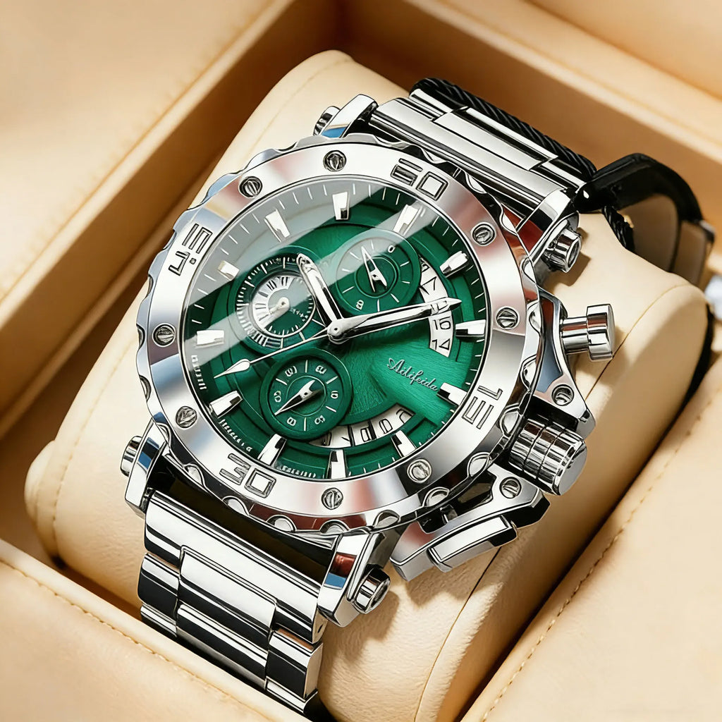 Cross-border Foreign Trade Men's Heart Stainless Steel Quartz Watch Pointer 47mm Multifunctional Luminous 30M Water Resistant