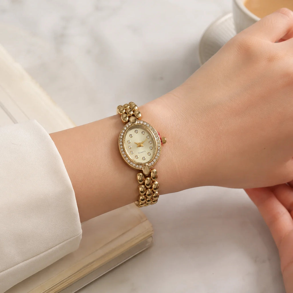 OEM Custom Logo Small Quartz Analog Glass Watch Alloy Case Metal Strap Dial Vintage Luxury Butterfly Clasp Splash Resistant
