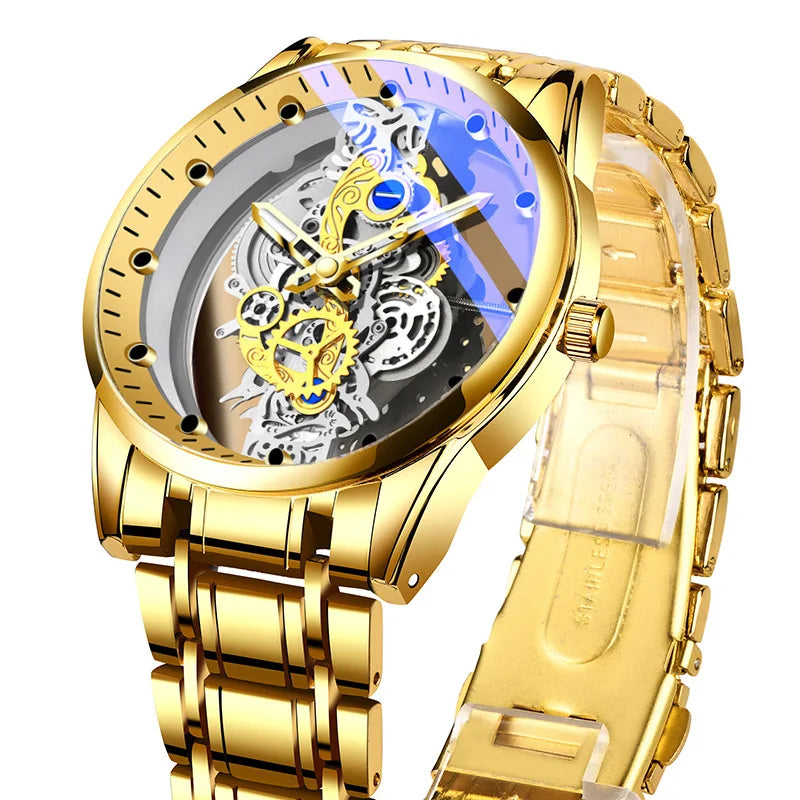 Double-Sided Transparent Hollow-Out Fully Automatic Men's Quartz Watch Stainless Steel 42mm 10mm Luminous Waterproof TikTok New