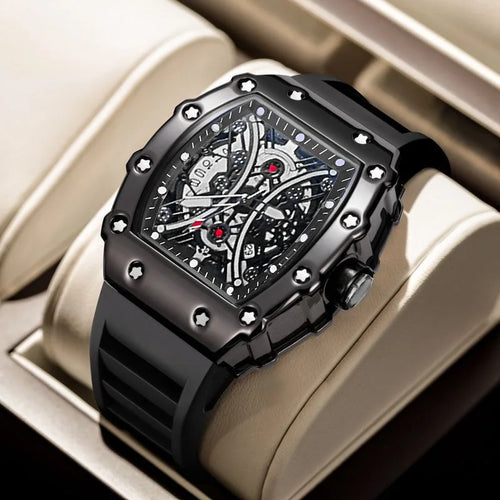 Casual Fashionable Trendy Fully Automatic Quartz Silicone Band Pointer Dial Luminous 43mm Alloy Barrel-shaped Mens Watch