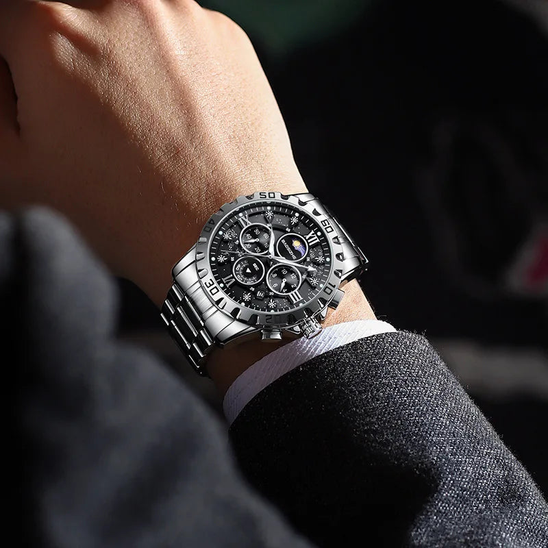 Men's Quartz Chronograph Stainless Steel Band Waterproof 30M Business-Style Wristwatch for International Trade