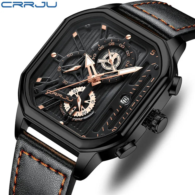 CRRJU/Cajun New Leather Strap Men's Quartz Watch Minimalist Business Style Distinctive Fashionable 30M Water Resistant in Stock