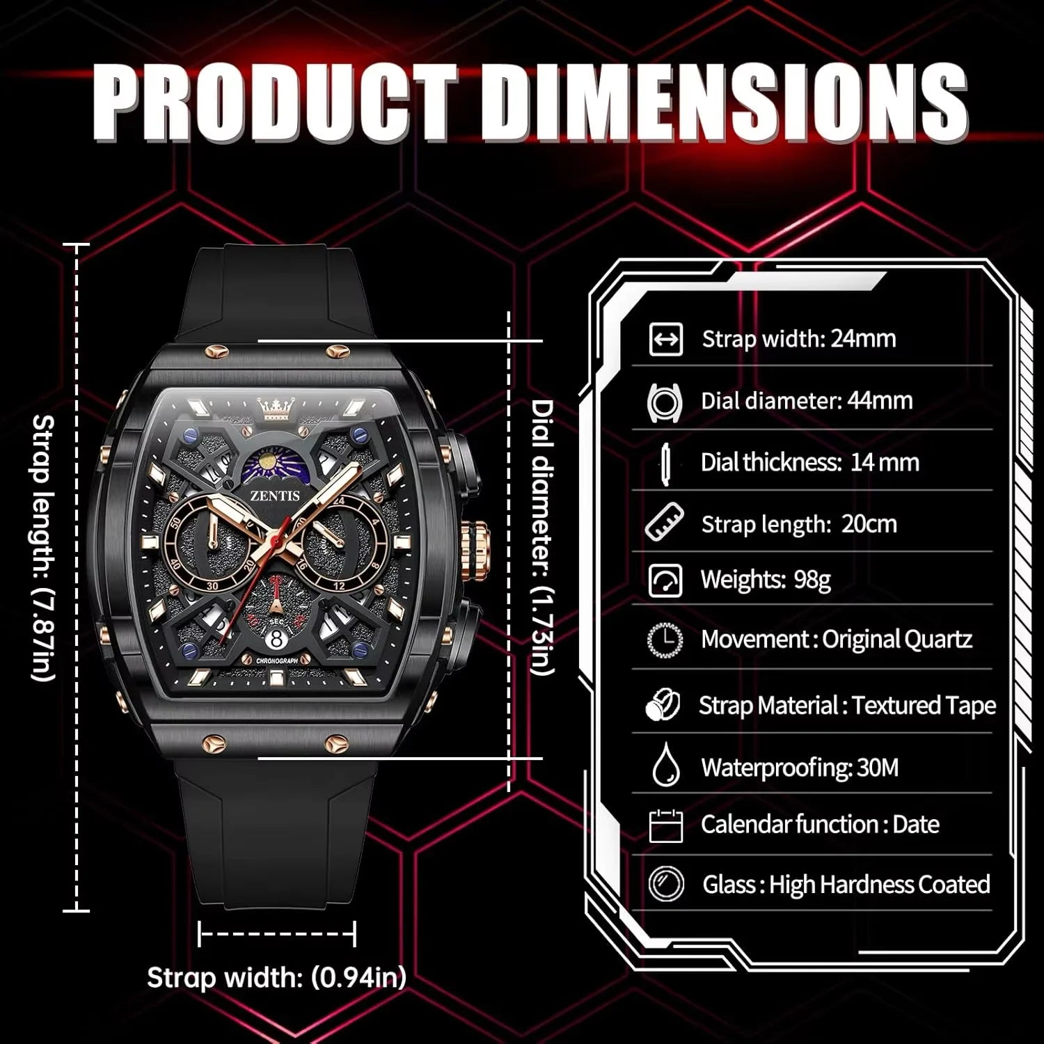 Men's Luxury Quartz Analog Chronograph Watch Alloy Case Silicone Strap Business Dress Red/Yellow/Black/White Straps