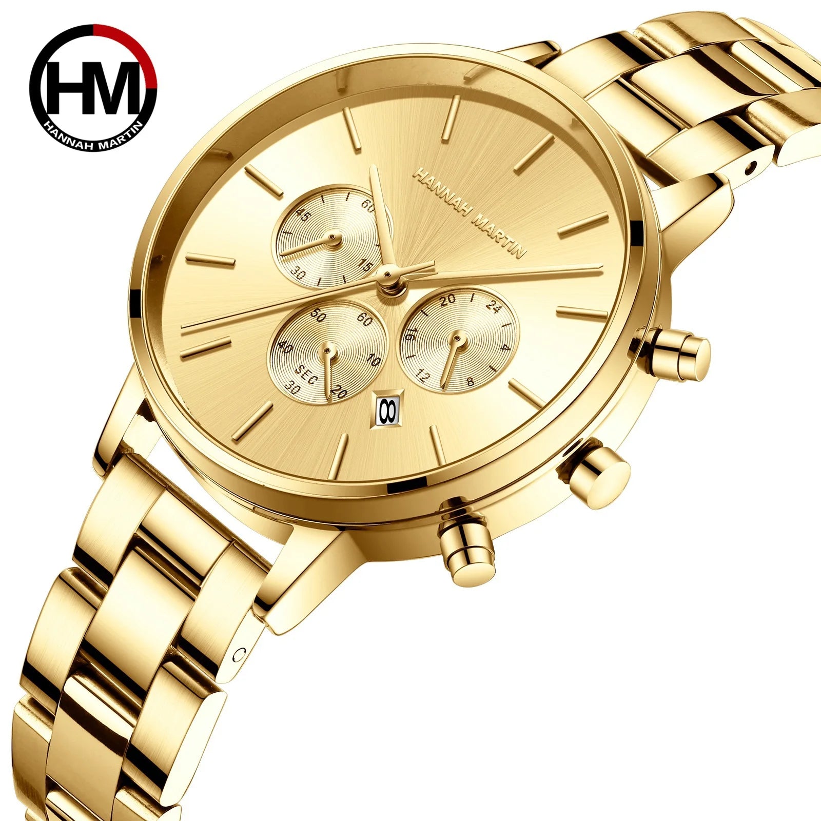 Three-Eye Six-Hand Chronograph Calendar Quartz Watch Alloy Case Stainless Steel Band 38mm Sapphire Crystal Waterproof Rose Gold