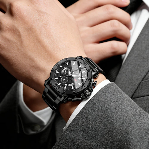 Cross-border New Style Alloy Stainless Steel Band Three-eye Large Watch Multifunctional Three-hand Timing 30M Water Resistant