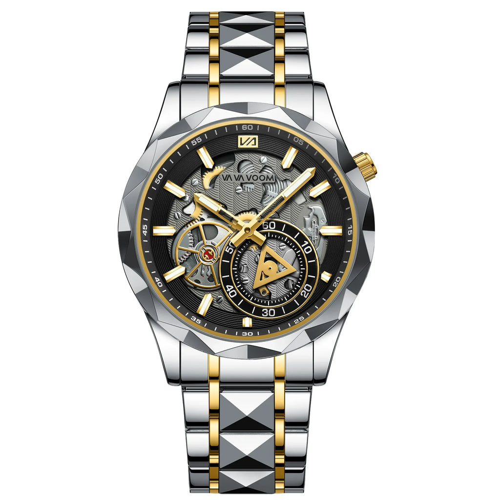 Men's Business Quartz Hollow Alloy Case Stainless Steel Strap Watch with Pointer Dial 30M Water Resistant 41mm Dial
