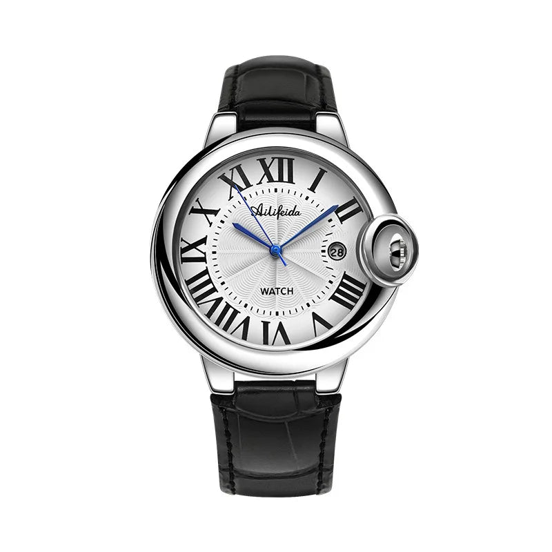 Classic Balloon-Shape Quartz Watch for Men; Alloy Case PU Band; 40mm Dial; Pointer 30M Water-Resistant; Week Business Style