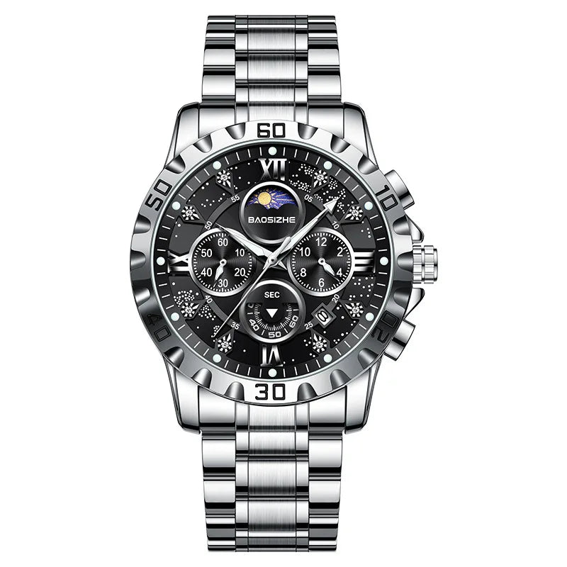 Men's Quartz Chronograph Stainless Steel Band Waterproof 30M Business-Style Wristwatch for International Trade