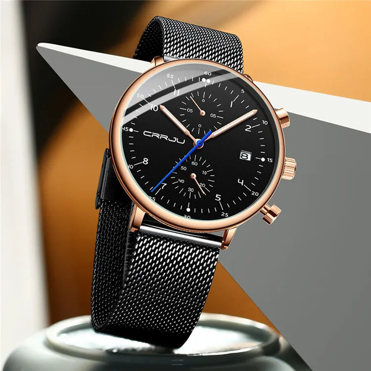 Men's Sports Watch Pearl Quartz Movement Stainless Steel Water Resistant Fashionable Multifunctional Six-Hand Mesh-Strap Box