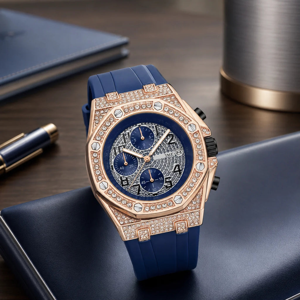 Men's Vintage Quartz Watch Alloy Diamond Accents Chronograph Function Pointer Luminous Movement Large Silicone Band 30M Water