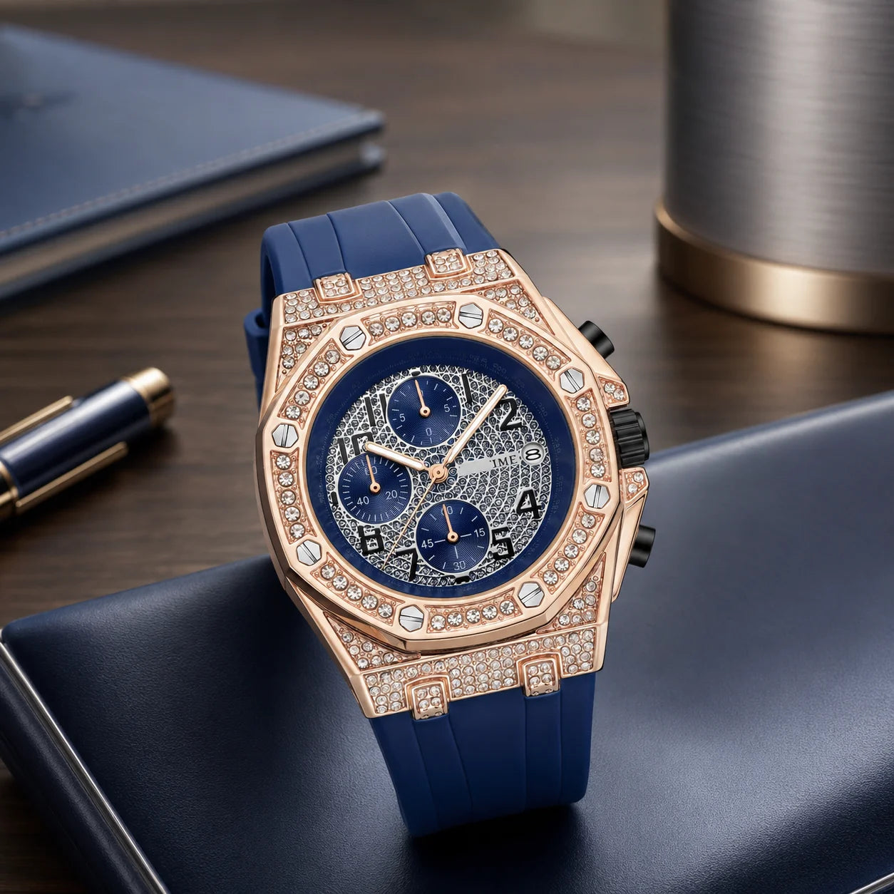 Men's Vintage Quartz Watch Alloy Diamond Accents Chronograph Function Pointer Luminous Movement Large Silicone Band 30M Water