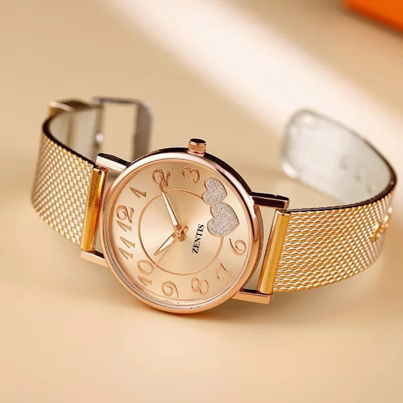 Women's Fashion Creative Gift Set Alloy Quartz Movement Acrylic 10mm Pointer Watch Bracelet Necklace Ring Earrings (5 Pcs/set)