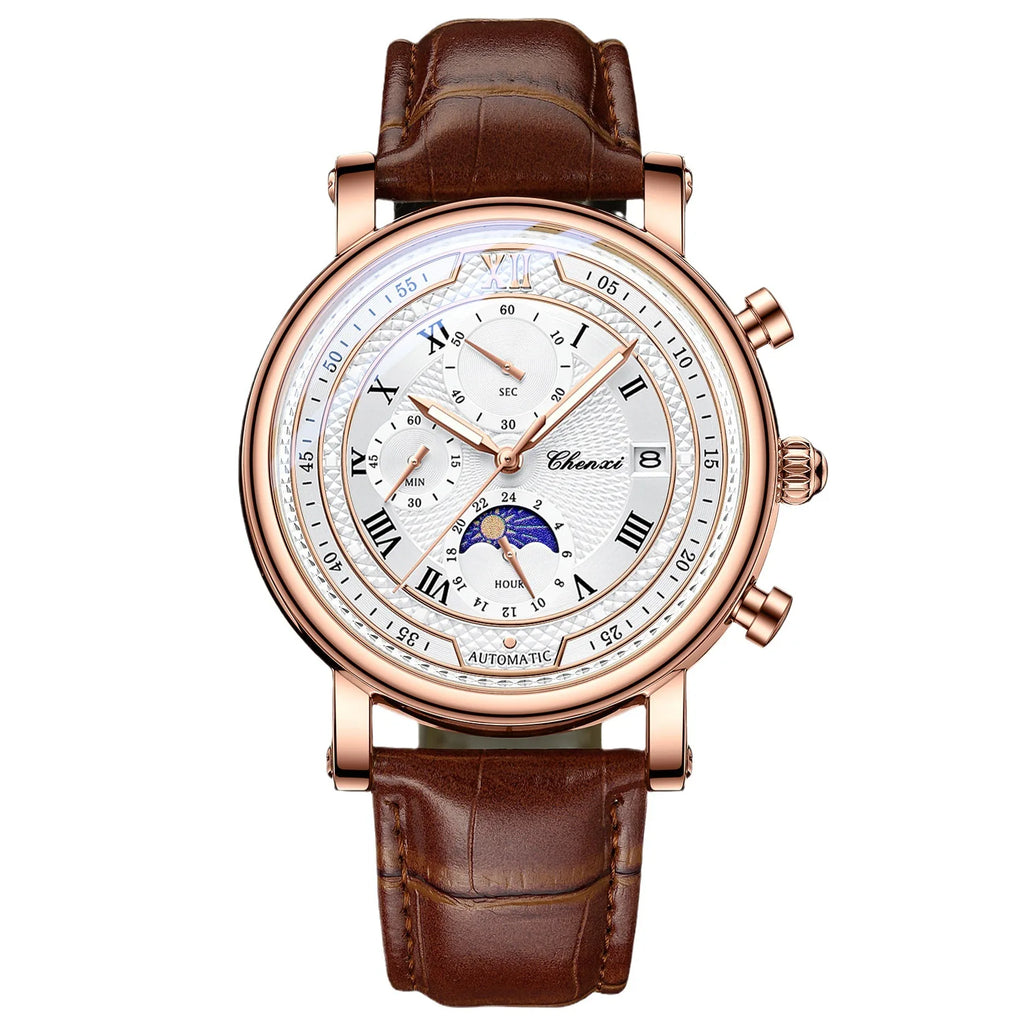 Morning Glow Multifunctional Chronograph Watch Genuine Alloy Leather Strap Quartz Movement Pointer 44mm 30M Water Resistant
