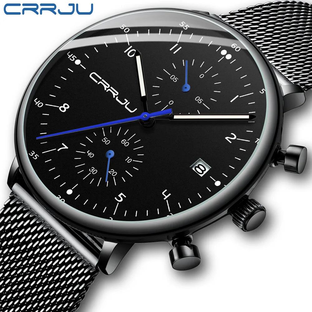 Men's Sports Watch Pearl Quartz Movement Stainless Steel 30M Water Resistant Fashionable Multifunctional Six-Hand Mesh Strap