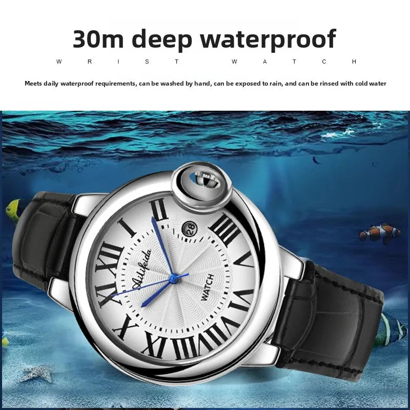 Classic Balloon-Shape Quartz Watch for Men; Alloy Case PU Band; 40mm Dial; Pointer 30M Water-Resistant; Week Business Style