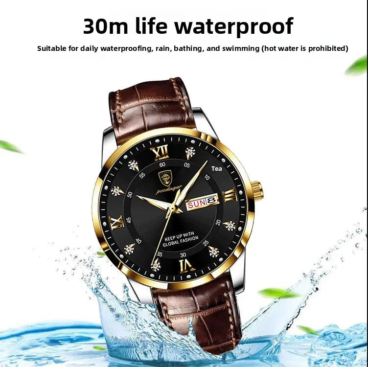 New Luxury Waterproof Luminous Double Calendar Analog Pointer Men's Alloy Leather Band Ultra-thin Quartz Watch Sapphire Crystal