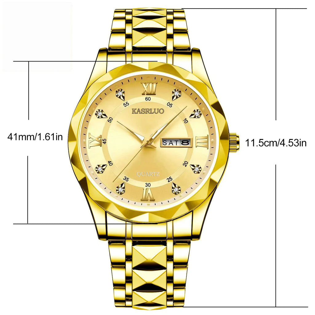 Mens Watch English Calendar Diamond-pattern case Luminous Hands Stainless Steel 30M Water-resistant Minimalist Quartz Pointer