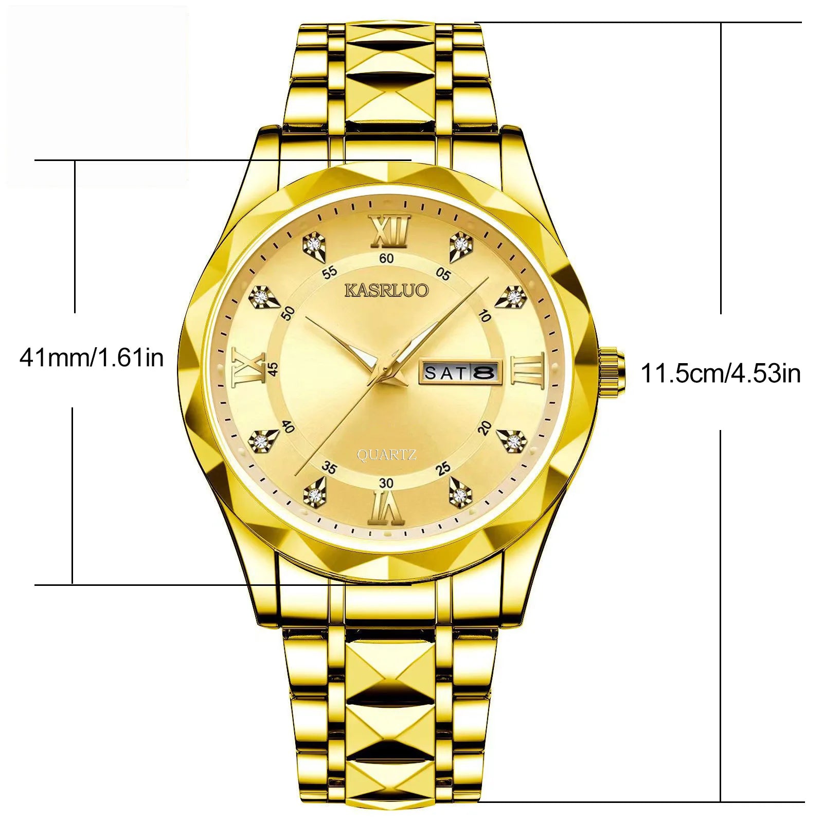 Mens Watch English Calendar Diamond-pattern case Luminous Hands Stainless Steel 30M Water-resistant Minimalist Quartz Pointer