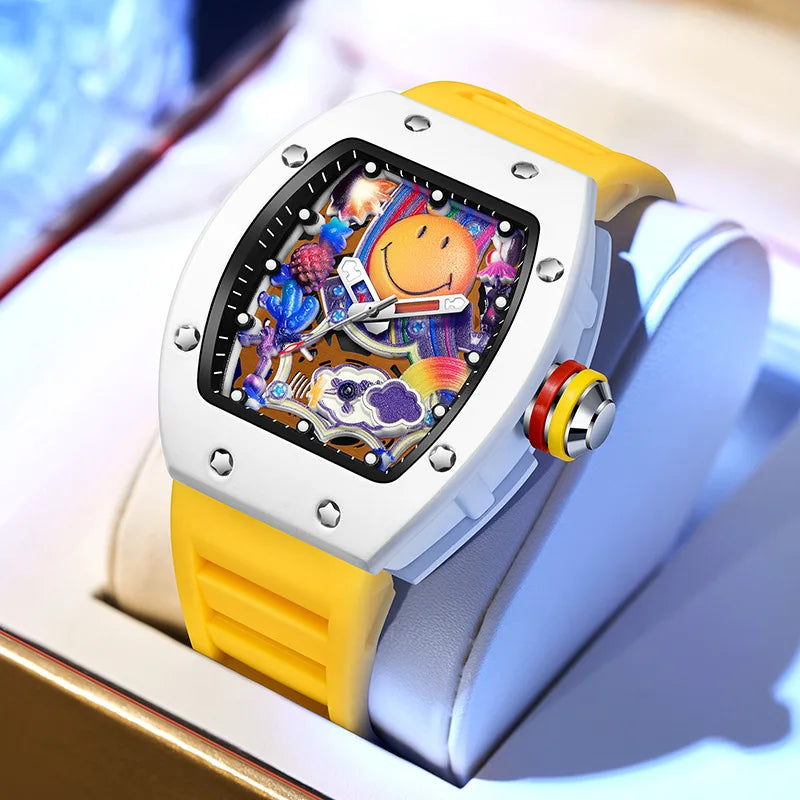 Luxury Smiling Face Barrel-Shaped Men's Quartz Watch Mineral-Strengthened Glass Silicone Band Luminous Dial 30M Water Resistant