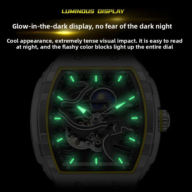 Cross-border TikTok Influencer Livestream Vintage Ethnic-style Watch Fully Automatic Open-work Luminous Mens Mechanical Silicone