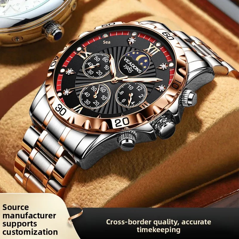 Men's Alloy Multifunctional Quartz Watch Moon Phase Chronograph Luminous Sapphire Crystal Glass 30M Water Resistant