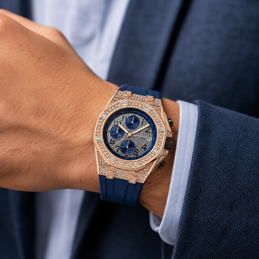 Men's Vintage Quartz Watch Alloy Diamond Accents Chronograph Function Pointer Luminous Movement Large Silicone Band 30M Water