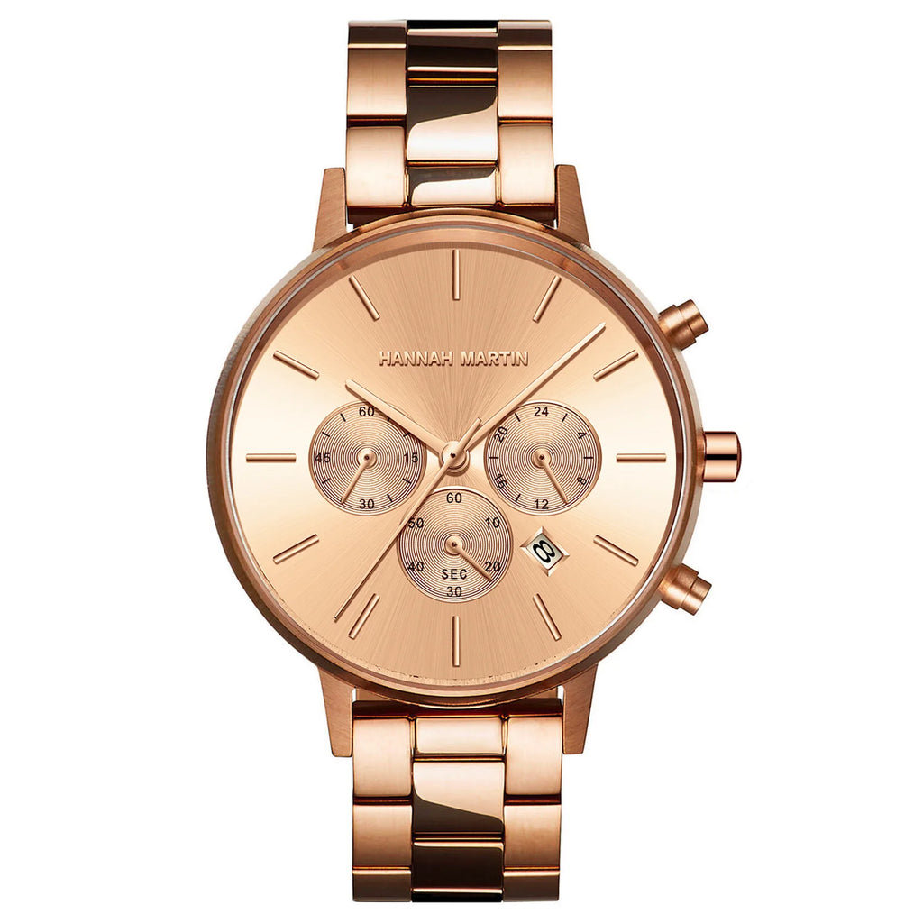 Three-Eye Six-Hand Chronograph Calendar Quartz Watch Alloy Case Stainless Steel Band 38mm Sapphire Crystal Waterproof Rose Gold