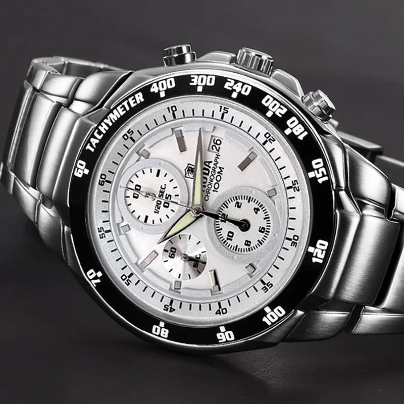 New Cross-Border Men's Sports Six-Hand Luminous 100m Water Resistant Stainless Steel Watch Exercise Quartz 43mm 10mm Case