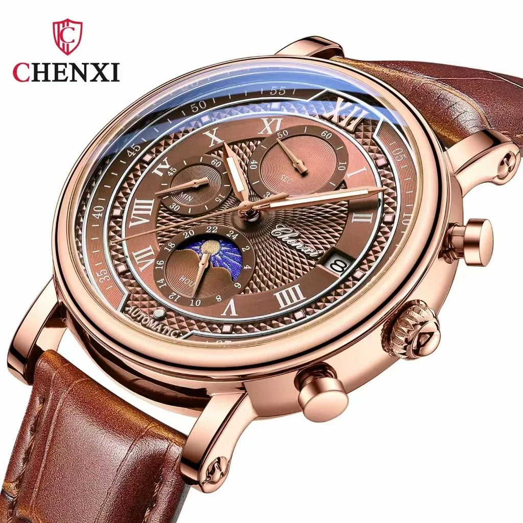 Morning Glow Multifunctional Chronograph Watch Genuine Alloy Leather Strap Quartz Movement Pointer 44mm 30M Water Resistant