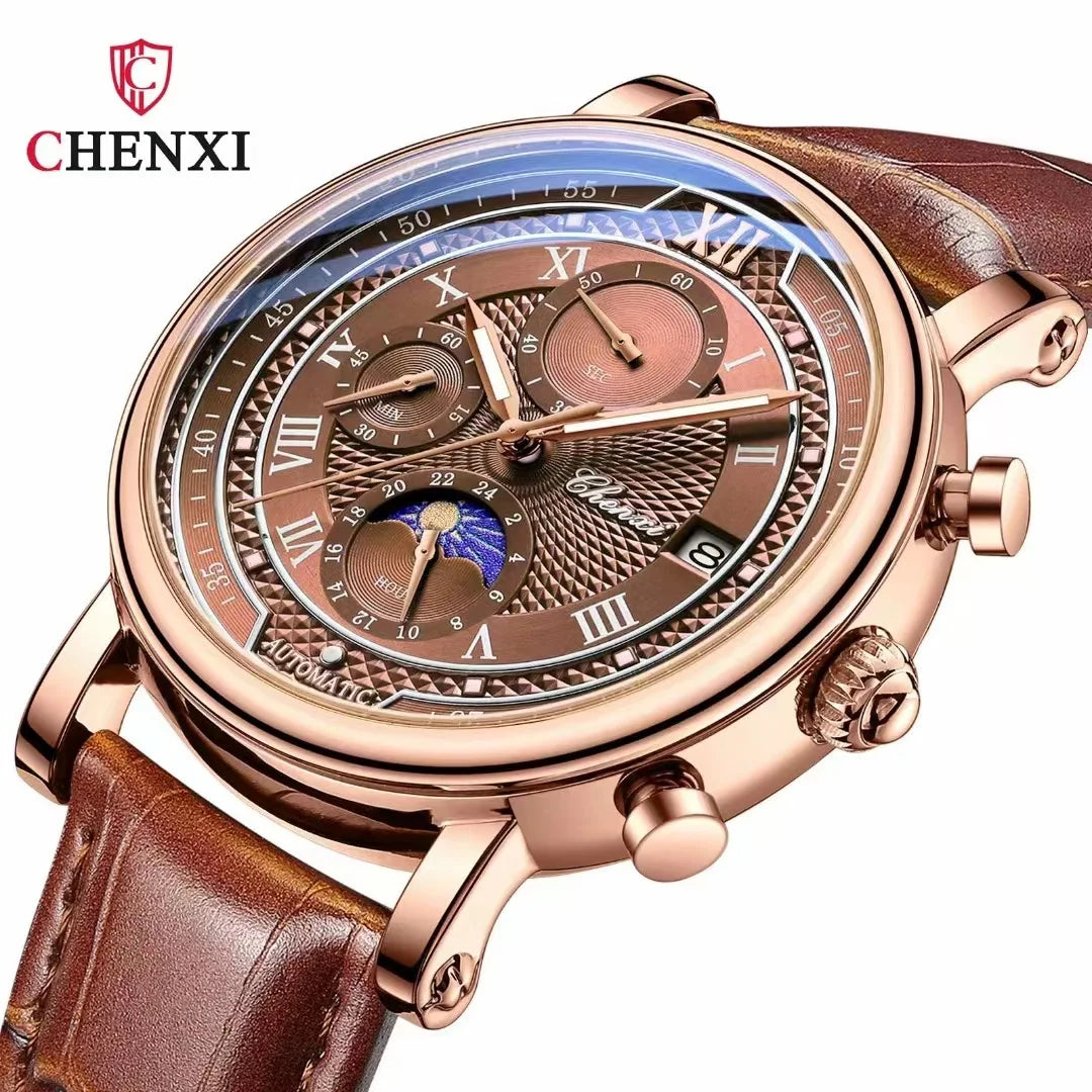 Morning Glow Multifunctional Chronograph Watch Genuine Alloy Leather Strap Quartz Movement Pointer 44mm 30M Water Resistant