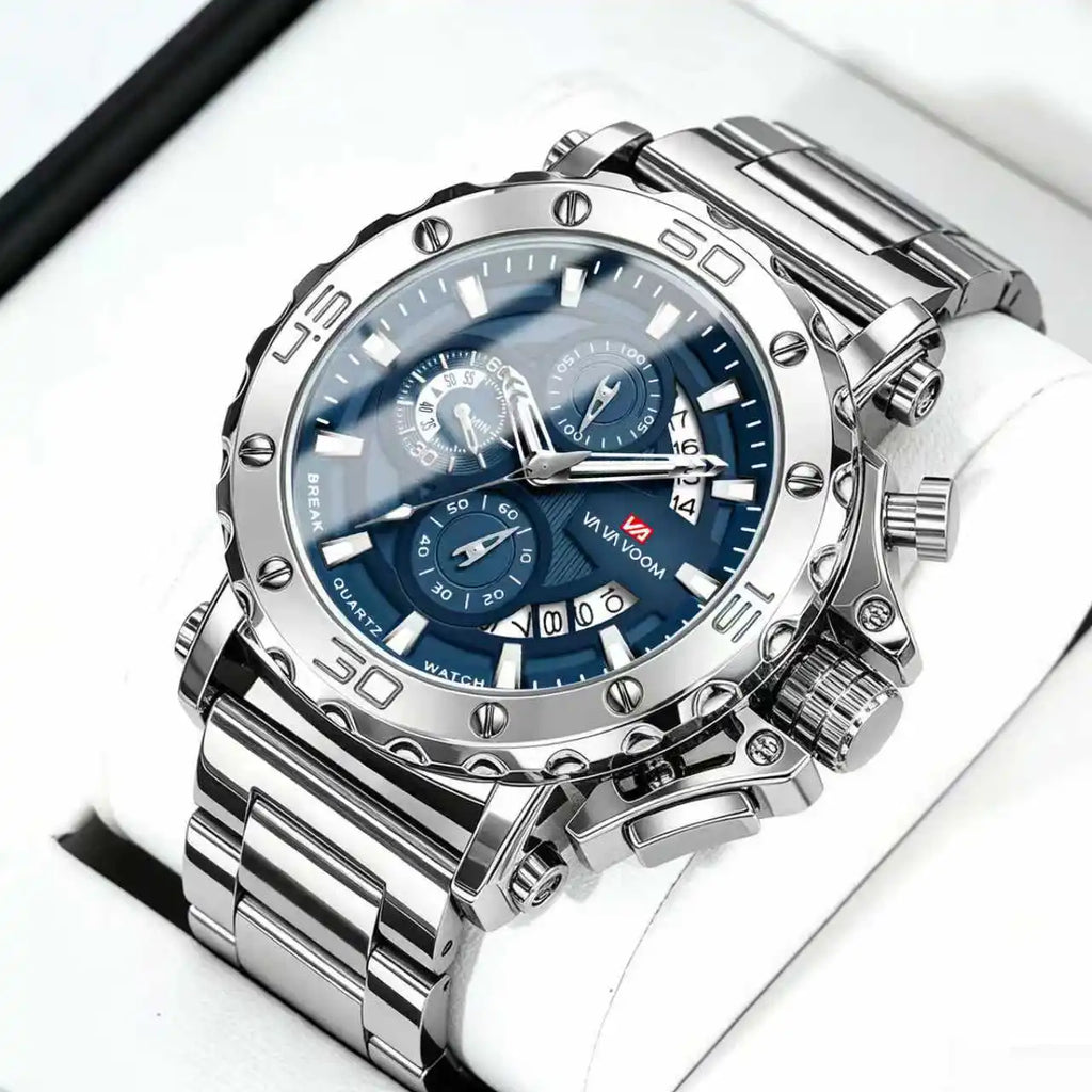 Cross-border New Style Alloy Stainless Steel Band Three-eye Large Watch Multifunctional Three-hand Timing 30M Water Resistant
